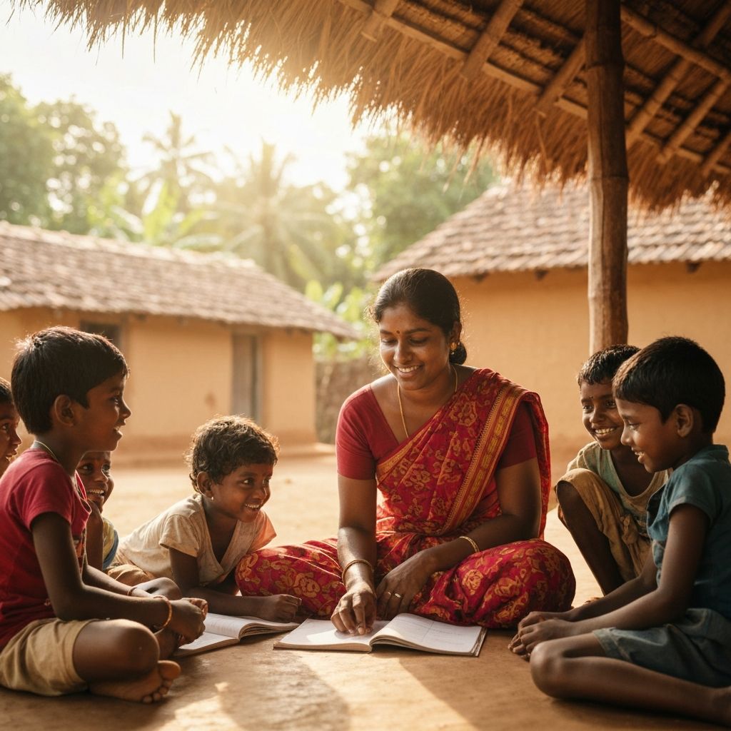 South Indian volunteer helping rural children in Tamil Nadu